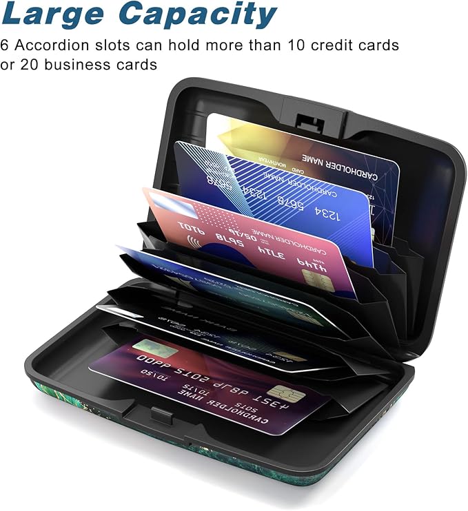 Credit Card Holder, Mini Aluminum Card Wallet RFID Blocking Slim Metal Hard Card Case for Women Men, Green Black Marble