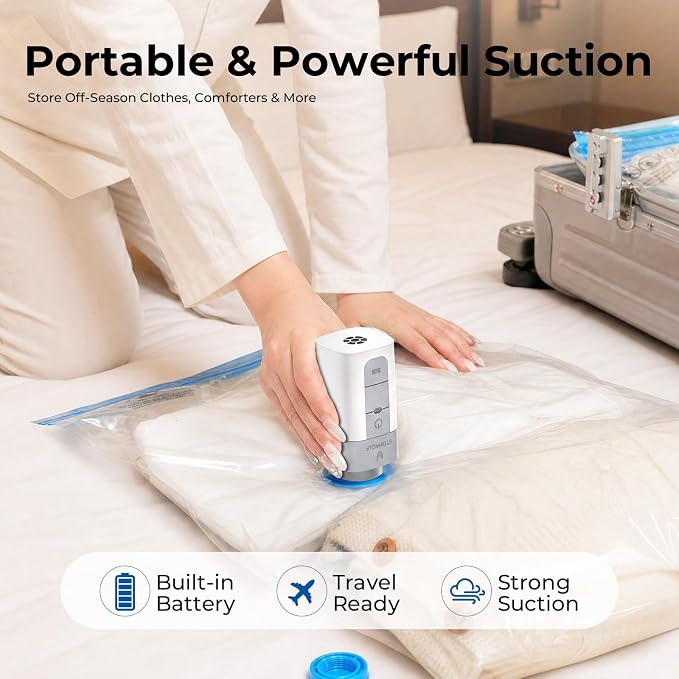 ETENWOLF Vacuum Storage Bags for Travel with Rechargeable Wireless Pump, Vacuum Seal Bags for Clothes and Travel, Space Saver Bags in Carry-On Sizes, Perfect for Luggage and Suitcases, 15 Combo