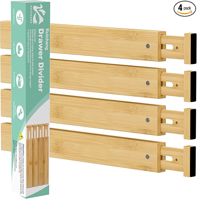 Ruichang Bamboo Kitchen Drawer Divider 4 Pack,17-22" Adjustable Dresser Drawer Organizer for Bathroom,Bedroom,Natural,2.4 inch High