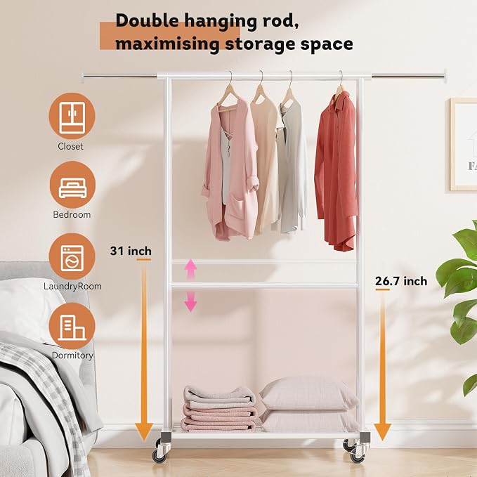 Standard Clothes Rack, Rolling 50“L Clothing Garment Rack with Mesh Shelves on Wheels, Adjustable Portable Wardrobe Rack for Bedroom, Laundry Room, White