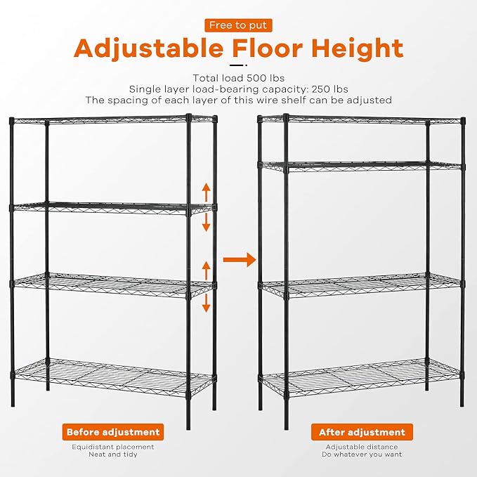HCY 4-Tier Wire Shelving Unit Storage Shelves Shelf Organizer 54"x36"x14" Heavy Duty Metal Storage Rack NSF Height Adjustable for Laundry Bathroom Kitchen Garage Pantry Organization(Black)