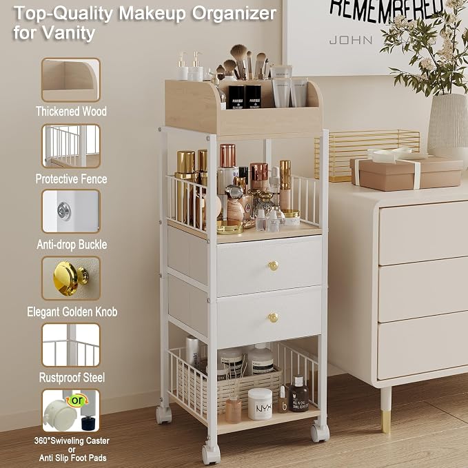 Floor Makeup Organizer Storage Cart Rolling Makeup Cart with Drawers | Make Up Organizers and Storage for Skincare Cosmetics Display Cases Holder for Skin Care Nail Polish Perfume Makeup Brush