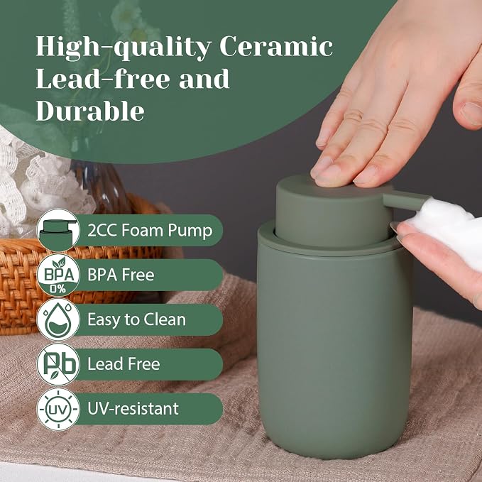 INGOFIN Ceramic Foaming Soap Dispenser Set, 2 Pack (12 oz) Bathroom Foam Hand Soap Dispenser with Pump, Hand and Dish Dispenser Set with 8 Pcs Clear Stickers,for Kitchen- Matte Green