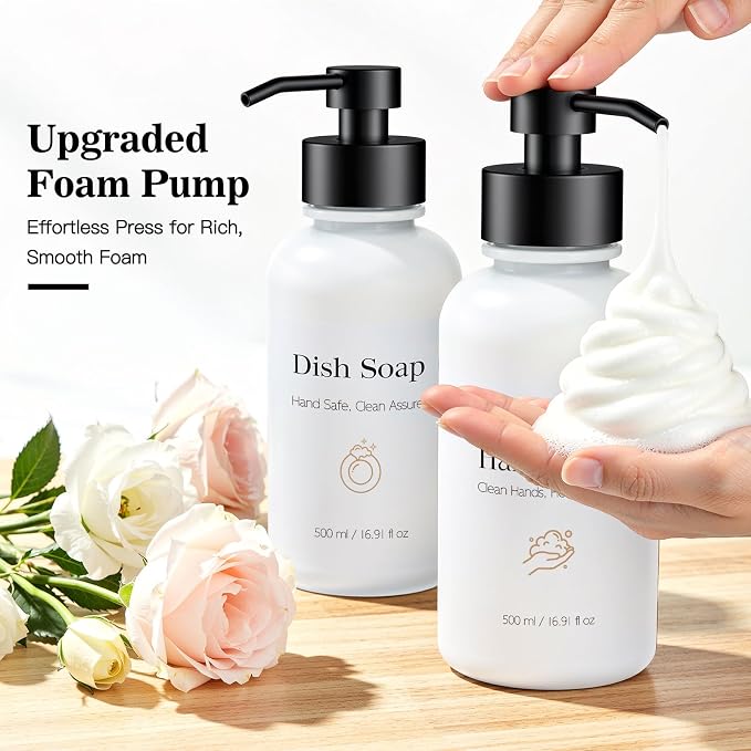 16.9 Oz Glass Foaming Soap Dispenser 2 Pack(White) | Refillable Hand & Dish Soap Pump, With Silicone Tray & 8 Waterproof Labels, For Bathroom & Kitchen，Perfect Housewarming Gift