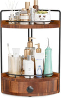 2-Tier Corner Bathroom Counter Organizer with Drawer, Acacia Wood-Brown | Embedded Screw Holes, Wooden Countertop Organizers, Space-Saving, Bottom Ventilation Design, Counter Shelf for Vanity