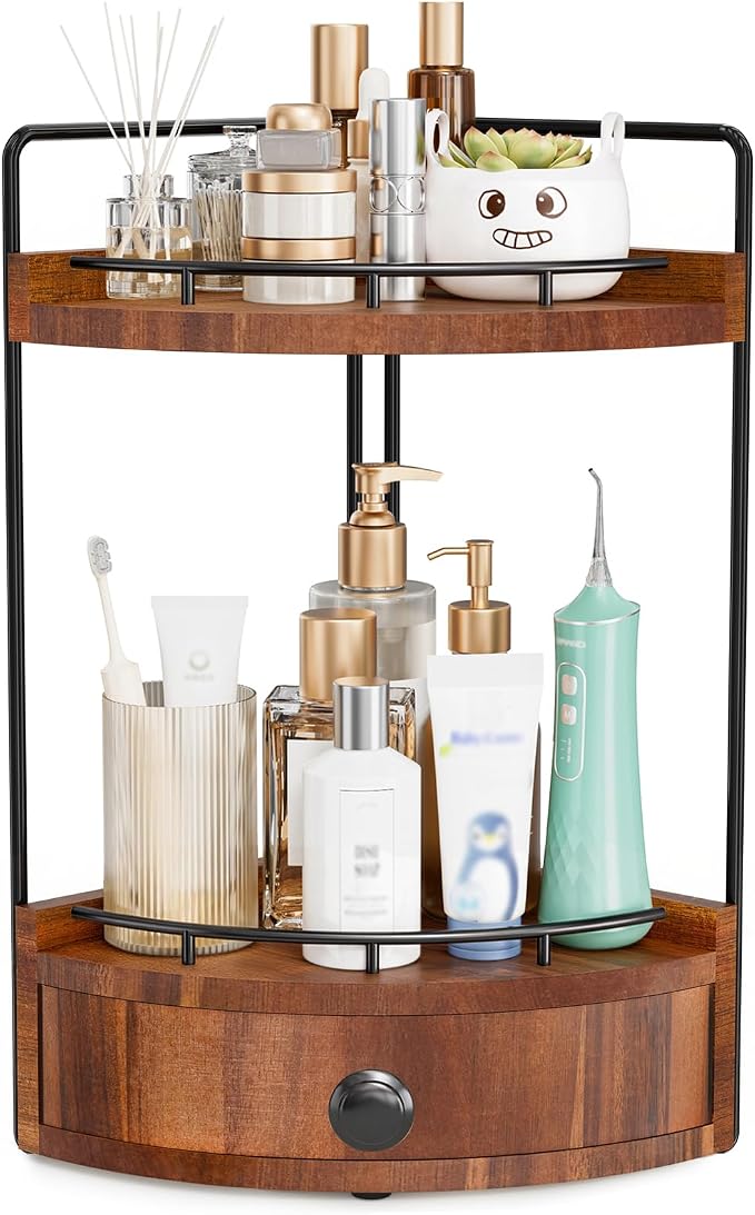 2-Tier Corner Bathroom Counter Organizer with Drawer, Acacia Wood-Brown | Embedded Screw Holes, Wooden Countertop Organizers, Space-Saving, Bottom Ventilation Design, Counter Shelf for Vanity