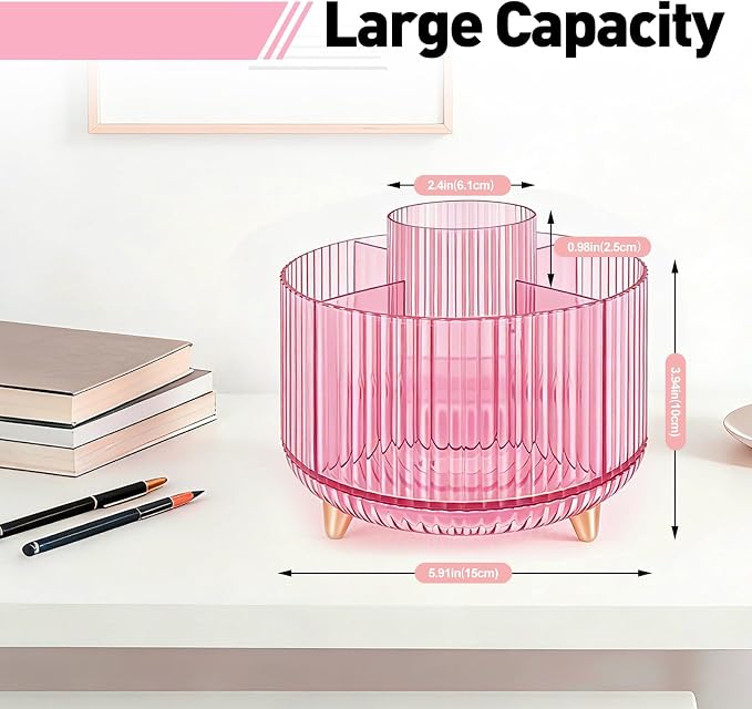 360 Rotating Pen Pencil Holder for Desk, Pen Organizer with 5 Slots, Makeup Brush Holder, Desk Organizer and Accessories, Cute Pencil Cup Caddy for Office School Home Decor Art Supply (Pink)