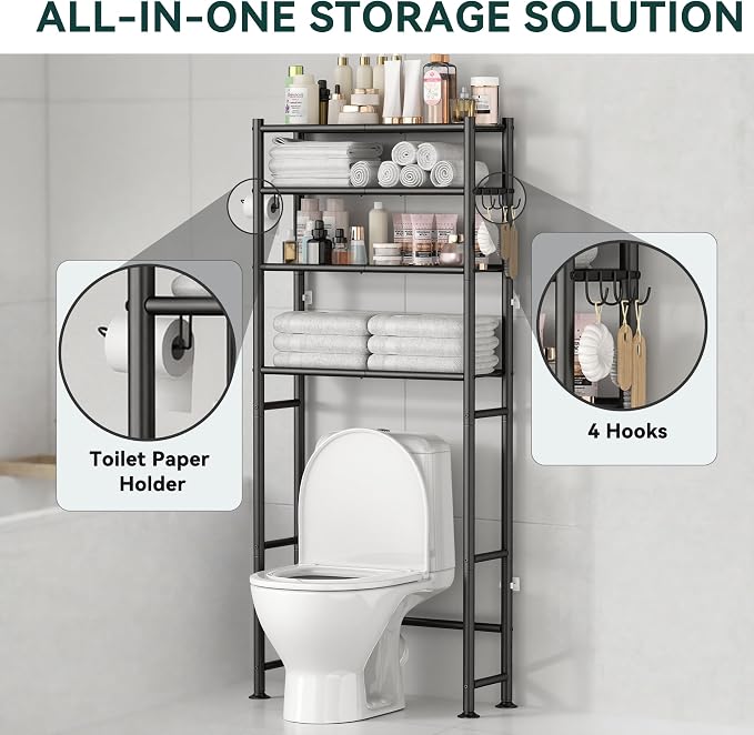 GloTika 4-Tier Over The Toilet Storage Shelves, Black | 200lb Total Capacity, Metal Bathroom Organizer with 36" Clearance, Includes Paper Holder & 4 Hooks, Suit for Small Space