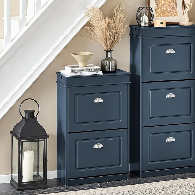 Haotian Slim Shoe Cabinet | Shoe Storage Cupboard Organizer Unit for Entryway 2 Flip-Drawers, Hallway and Bedroom Navy FSR78-B