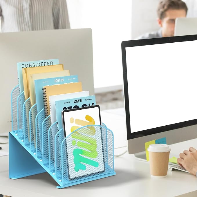 Inclined Desk File Organizer Metal Desk Magazine Folder Holder with 8-Section Vertical Compartments Rack File Organizer for Office, Home, School, Blue