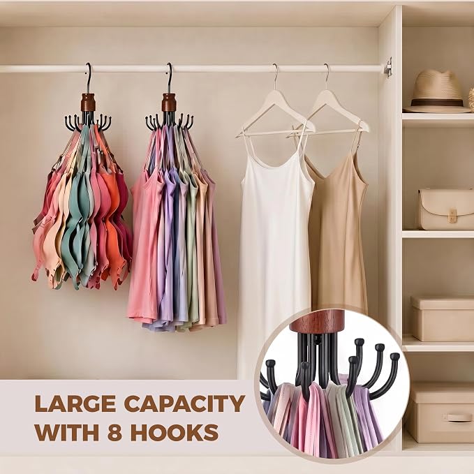 2 Pack Bra Hangers for Closet Organizer, Space Saving Metal Tank Top Hangers with 8 Foldable Hooks Holds 48 Items Total, 360° Rotating Storage for Bras, Scarves, Belts, Purses and More