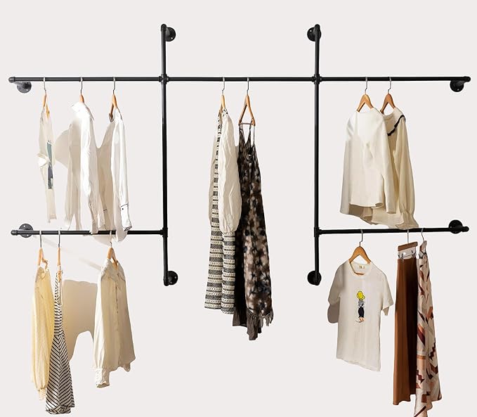 Homeyeeng Industrial Pipe Clothes Rack Wall Mounted Clothing Rack,Heavy Duty Iron Pipe Garment Rods,Detachable Multi-Purpose Clothing Hanging Rod/Garment Bar, Black