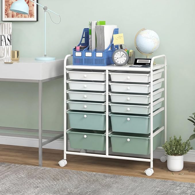 Giantex 12 Drawers Rolling Storage Cart, Classroom Organizers with Wheels for Tools Scrapbook Craft Paper Teacher Office School Supplies, Green Gradient