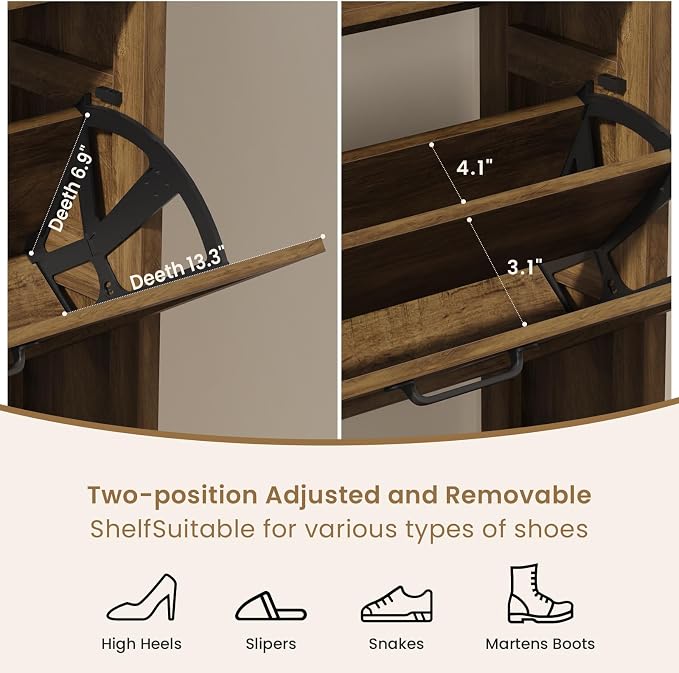 Shoe Cabinet with 2 Flip Drawers, Farmhouse Narrow Shoe Cabinet Organizer with Double-Layer Top, Freestanding entryway organizer with adjustable shelves and hooks, for, Foyer, Hallway, Brown