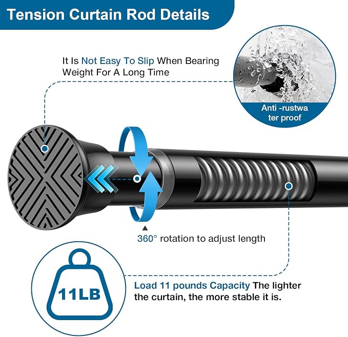1Pack Tension Rods 31-62 Inch, Spring Loaded Curtain Rods Non-slip, Expandable Curtain Rod Tension No Drilling, Curtain Tension Rod For Window, Doorway, Kitchen, Tension Curtain Rod Black