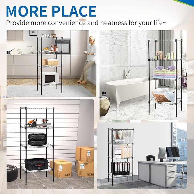 Meet perfect 4-Tier Wire Shelving Unit with 4 PP Liners, 18" W x 12" D x 44" H Heavy Duty Metal Shelf, 600Lbs Capacity Adjustable Storage Rack for Pantry, Laundry Room, Bathroom, Kitchen