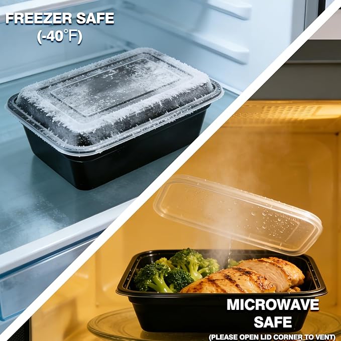 KUMD 50 Pack(100 Pieces) 32 oz Meal Prep Containers with Lids, Leakproof Food Storage Containers for Adult Office Lunch, Gym, Fitness & Bulk Food Prep, Microwave & Freezer Safe Reusable Plastic Tubs