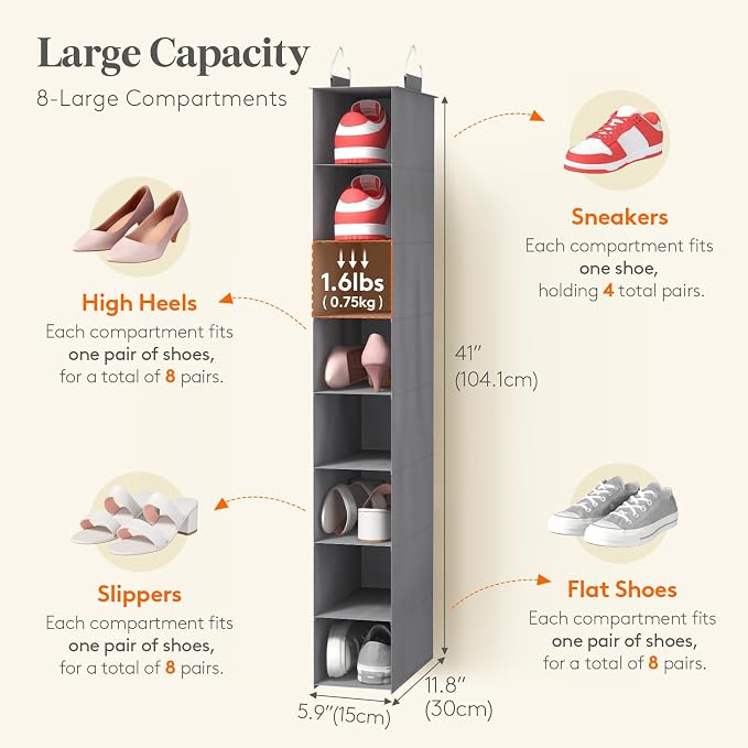 Lifewit 8 Section Hanging Shoe Organizer for Closet, Folding Shoe Racks, Fabric Shoes Storage with Two Hangers, Closet Organizers and Storage for Wardrode, Dorm, 11.8" L X 5.9" W X 41" H, Gray