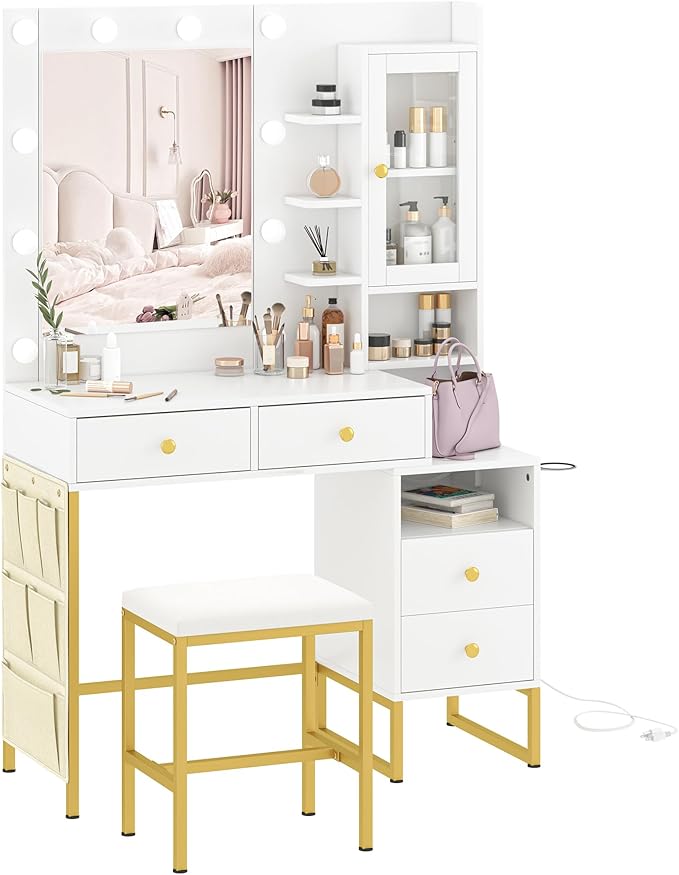 YIKEHOME 42'' Makeup Vanity Desk Set with Mirror, Vanity Table 3-Colour Lights with 5 Drawers & Shelves for Bedroom Dressing Room White (Bright White & Gold)