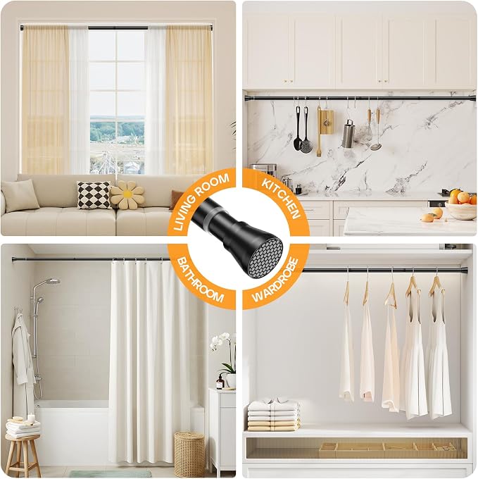2 Pack Adjustable Tension Rods 30-64 Inch - Black No-Drill Curtain Rods for Windows & Closets | Spring-Loaded with Non-Slip Rubber Ends | 7/8" Diameter