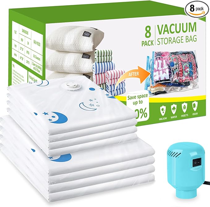 Vacuum Storage Bags with Electric Pump, 8-Pack Large Vacuum Seal Bags for Clothing Vacuum Bags for Travel Packing and Home Bedding Blankets Organization
