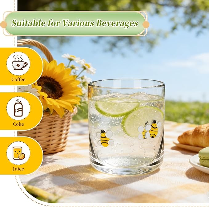 14 Ounce Icon Juice Glasses, Aesthetic Cocktail & Old Fashioned Drinking Glasses, Iconic Clear Glass Cups for Women, Sister, Friend & Party Gifts (Bee)