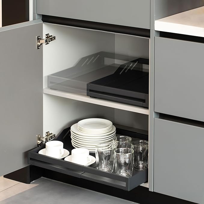 Basicwise Expandable Deep Drawer Organizer Adjustable Pull-Out Cabinet Storage Tray for Kitchen Organization Ideal for Cookware Dinnerware Food Containers Utensils Bakeware & Pantry Essentials, Medium