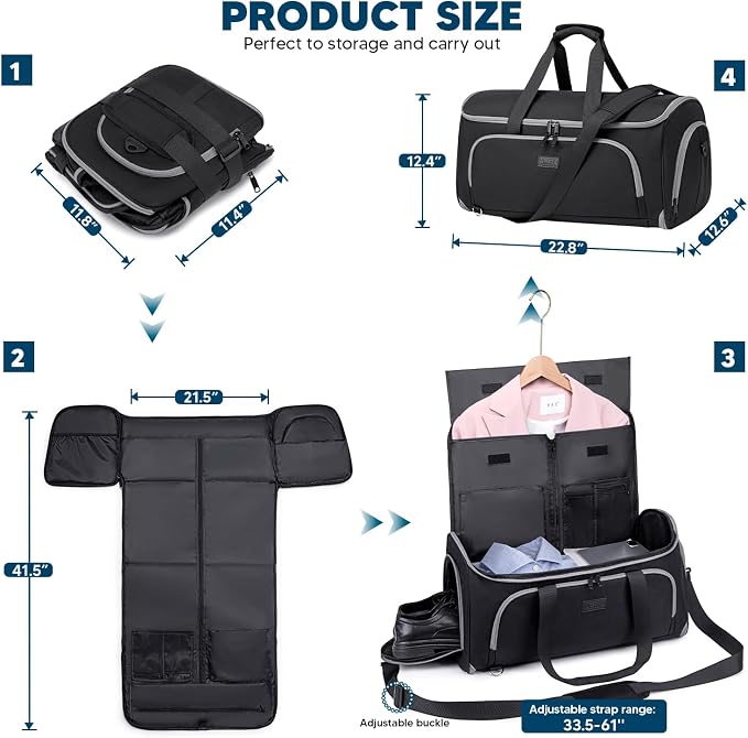 Vessgra Convertible Garment Bags for Travel, 4 in 1 Duffle Bag for Travel 58L Capacity Carry on Garment Bag with Shoes Compartment Travel Garment Bag with Shoulder Straps Suit Bag for Men Women,Black