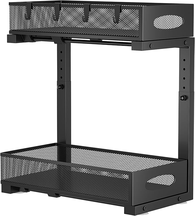 1 Pack Under Sink Organizer and Storage, 2 Tier Pull Out Sliding Cabinet Shelf, 5-Level Height Adjustable Thickened Carbon Steel Storage Rack for Kitchen Bathroom Cabinet, Black