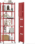 DEANIC 6-Shelf Folding Bookcase with Wheels, Heavy Duty Storage Shelves, Freestanding Metal Wire Shelving Unit for Living Room, Office, Kitchen, Basement, Pantry (Red)