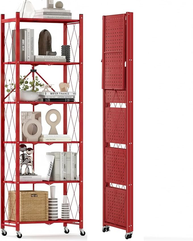 DEANIC 6-Shelf Folding Bookcase with Wheels, Heavy Duty Storage Shelves, Freestanding Metal Wire Shelving Unit for Living Room, Office, Kitchen, Basement, Pantry (Red)