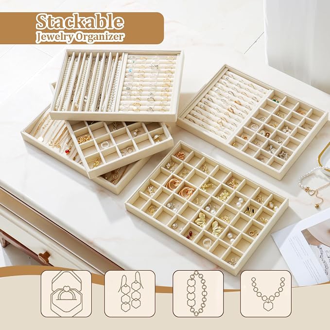 Large Velvet Jewelry Tray 2 Pack Stackable Jewelry Display Drawer Inserts Trays Organizer for Earring Bracelet Necklace Ring (Beige, 40 Grids)