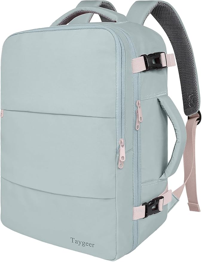 Taygeer Personal Item Backpack for Men Women, Travel Backpack Carry on | Carry on Luggage Flight Approved with Water Bottle Pocket & Shoe Pouch, Large Weekender Work Bag for Hiking Gift, Gray Powder