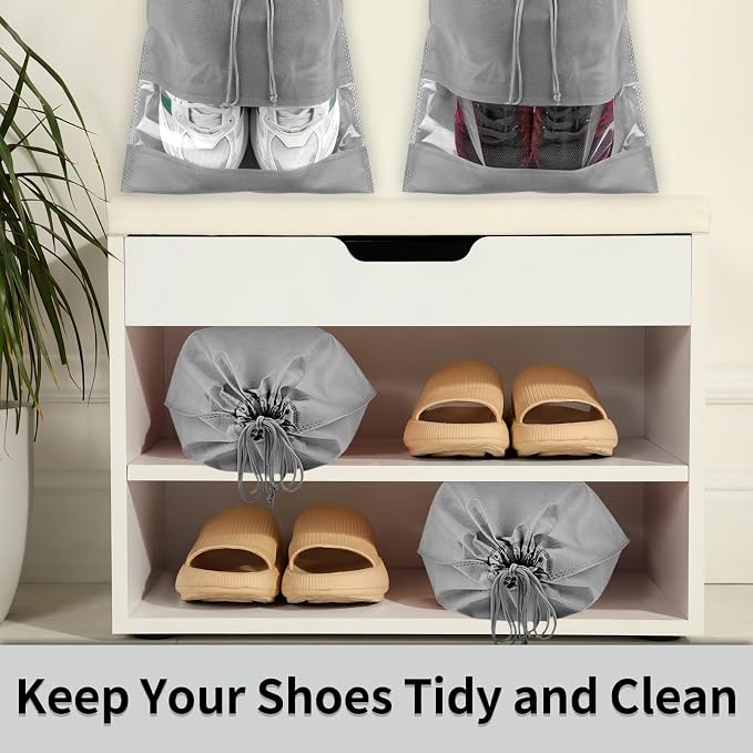 12 Pack Large Shoe Bags for Packing with Clear Window, Dustproof Drawstring Travel Shoe Storage Bags for Men & Women, Gray