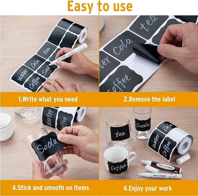ONUPGO 256 Chalkboard Labels - Removable Black Stickers Waterproof Chalk Board Label Sticker for Organizing Storage Bins, Mason Jars,Home Deco, Ideal for Pantry, Parties and Craft Rooms
