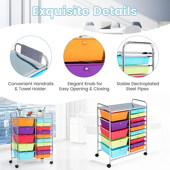 COSTWAY 15 Drawer Rolling Storage Cart, Mobile Storage Organizer | Removable Drawers & Metal Frame, Multipurpose Utility Tools Paper Organizer on Wheels for Home, Office (Multi-color)