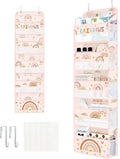 Clastyle Over the Door Organizer Diaper Toy Nursery Hanging Shelf, Boho | Pink Rainbow, 5-Tier Clear Window Mesh Pocket 44 lbs Weight Capacity, Behind Door Storage, Bedroom Bathroom Closet Pantry