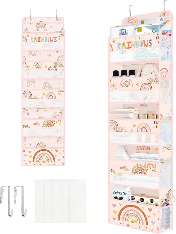 Clastyle Over the Door Organizer Diaper Toy Nursery Hanging Shelf, Boho | Pink Rainbow, 5-Tier Clear Window Mesh Pocket 44 lbs Weight Capacity, Behind Door Storage, Bedroom Bathroom Closet Pantry