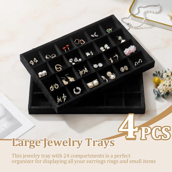 Large Stackable Jewelry Tray 4 Pack Velvet Jewelry Display Drawer Inserts Trays Organizer for Earring Bracelet Necklace Ring (Black, 24 Grids)