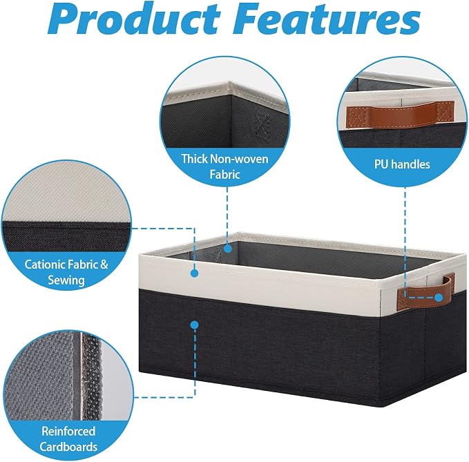 GhvyenntteS Storage Baskets for Organizing, Fabric Storage Bins with Leather H&les, Foldable Rectangular Storage Baskets for Shelves, Closets, Home, Office(Black/White, 6 Pack)11.8X7.9X5.1 in
