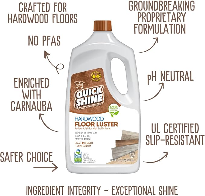 Quick Shine Hardwood Floor Luster 64 oz-2 Pk, Natural Looking Shine | Plant Derived Carnauba Polish, Renew & Protect, Streak & Haze Free, Non-slip, pH Neutral, No PFAS, EPA Safer Choice