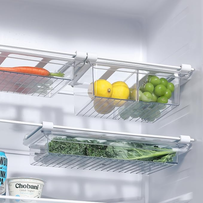 Pull-Out Fridge Drawer Organizer - Under Shelf Storage Bins for Cheese Slices, Deli Meat & Small Items - Space Saving Refrigerator Organizer (2" Height x 8.66" Width)