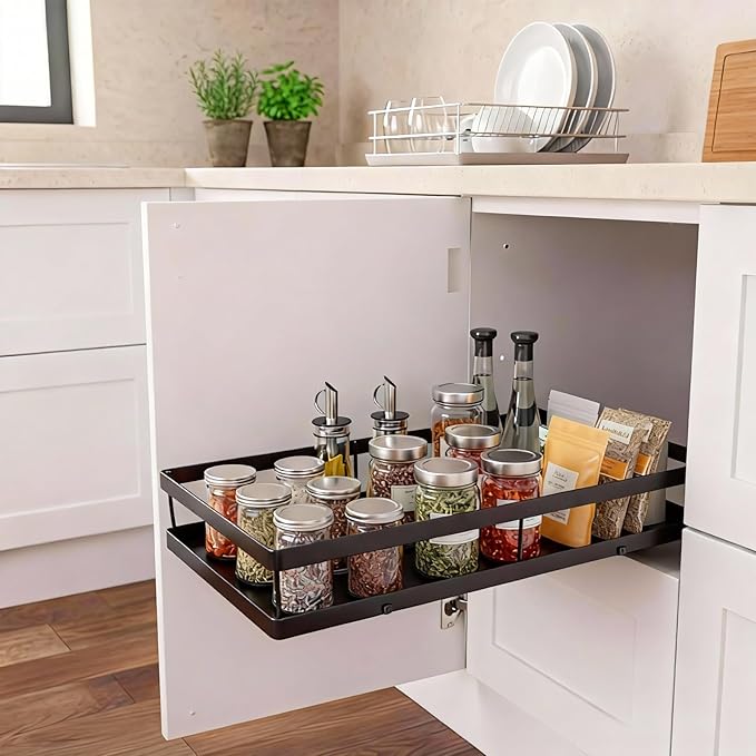 Under Sink Organizer, Dual-Rail Ball-Bearing, Under Kitchen Sink Organizer, 6-Level Adjustable, Under Cabinet Organizer, No-Drill Adhesive/Suction, Under Sink Storage (Black, Single Layer - 1 Pack)