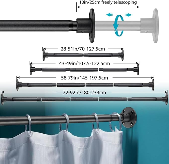 Closet Rods, 28-92 inch Adjustable Size, Screw Fixing Connection, for Closet Wardrobes Laundry RV, Black
