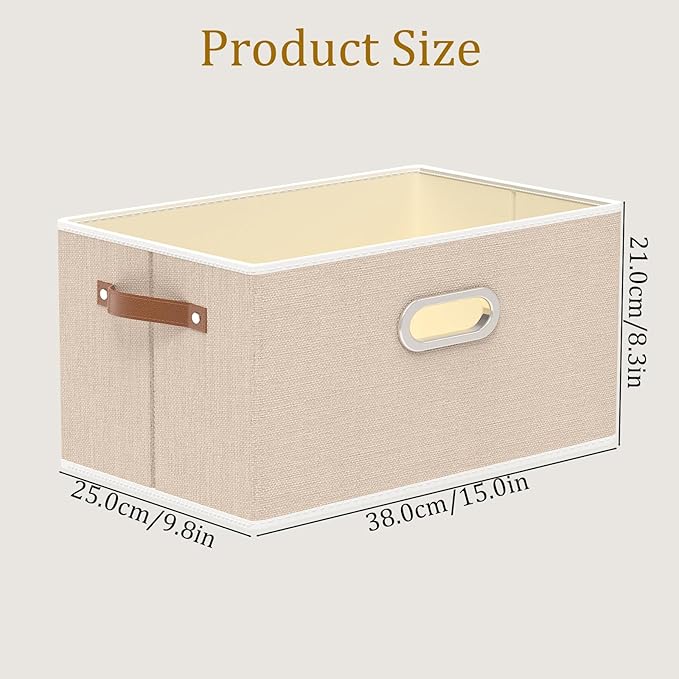 Yawinhe Collapsible Storage Box, Cube Storage Basket, Fabric Foldable Storage Bins Organizer Containers with Dual Leather Handles for Home Bedroom Closet Office,15.0 x 9.8 x 8.3 Inch, (Beige, 4-Pack) | Foldable Storage Baskets for Shelves, Closet Boxes...