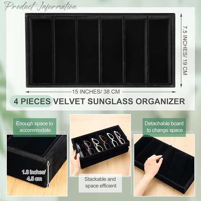 Juexica 4 Pcs Velvet Sunglasses Organizer Tray 6 Grid Sunglass Organizer Velvet Tray Stackable Glasses Display Case for Women Glasses Jewelry Display Watch (Black)