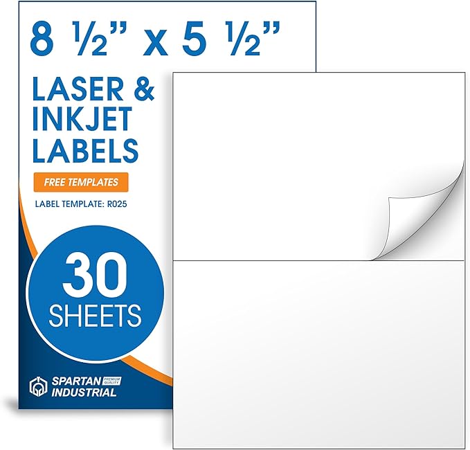 8.5" X 5.5" Matte White Printable Half Sheet Shipping Labels (30 Sheets, 60 Stickers) Mailing and Address Labels for Laser & Inkjet Printers - Spartan Industrial Template R025