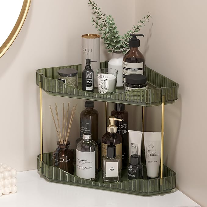Lifewit 2-Tier Corner Bathroom Counter Organizer, Plastic Makeup Skincare Organizers Storage Countertop, Large Sink Cosmetic Perfume Shelf for Bedroom, Dresser, Kitchen, Vanity, Green, 25 cm/10inch(H)