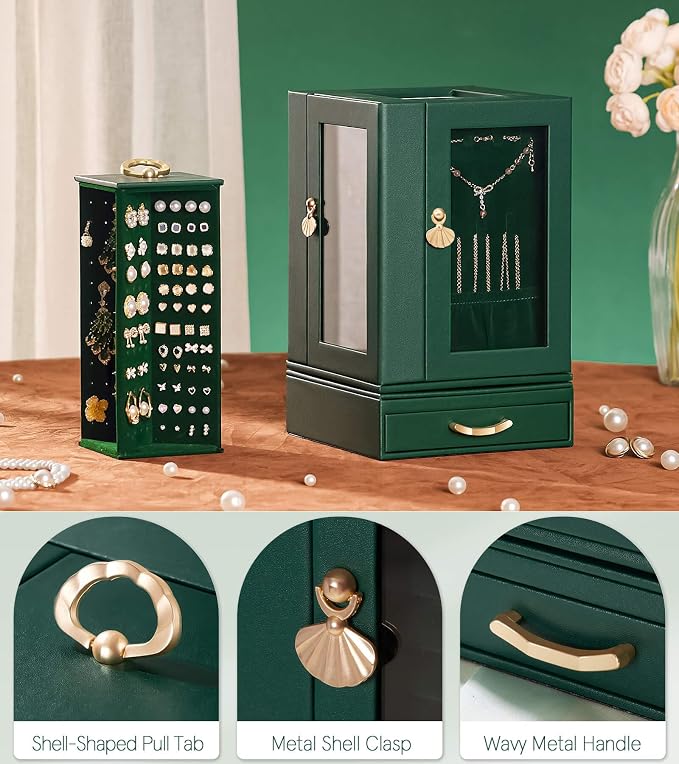 Enthralite Luxury Jewelry Box for Women: 360° Rotating with Clear Window | Compact Jewelry Storage with Drawer - Necklace Ring Organizer with Compartments - Elegant Earring Holder Display Great Gift