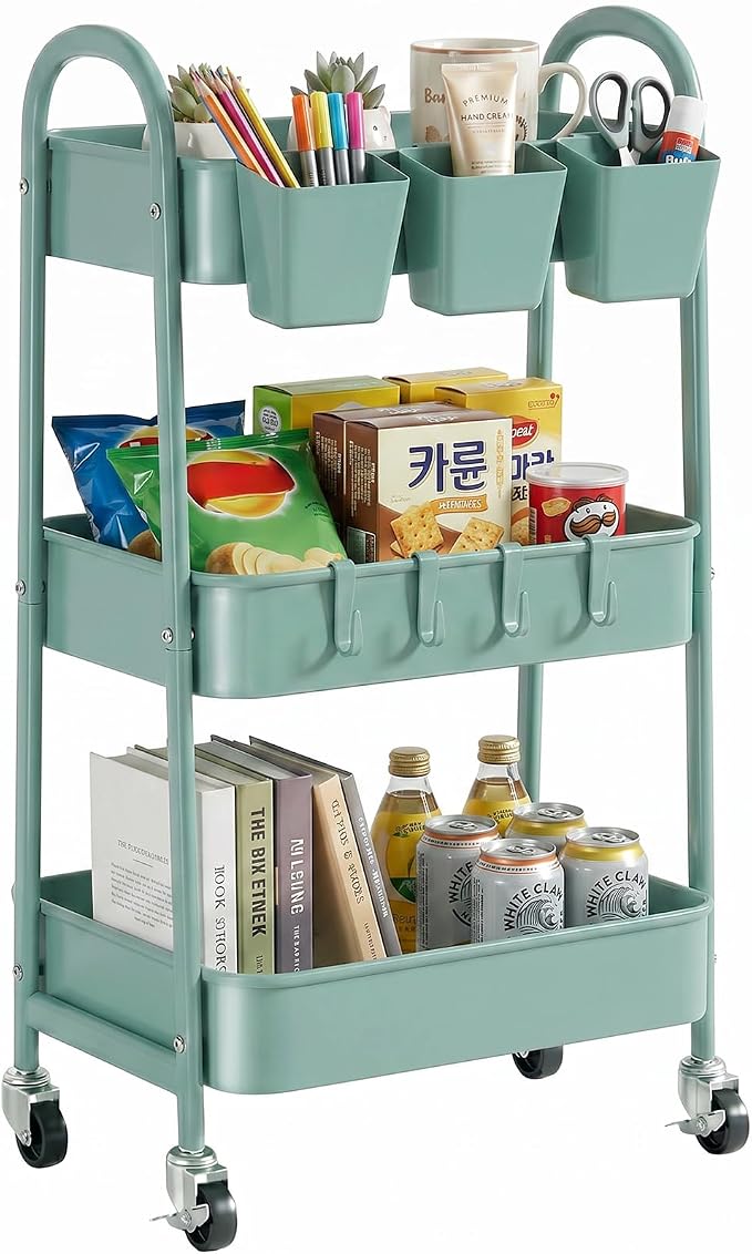 danpinera 3-Tier Rolling Cart, Utility Cart Mobile Metal Rolling Storage Cart with Lockable Wheels & Hanging Cups & Hooks for Kitchen, Bathroom, Office, Workshop, Green